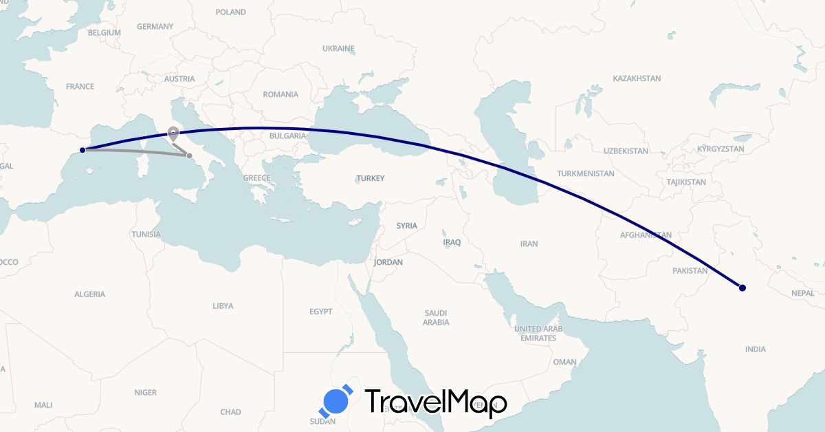 TravelMap itinerary: driving, plane in Spain, India, Italy (Asia, Europe)